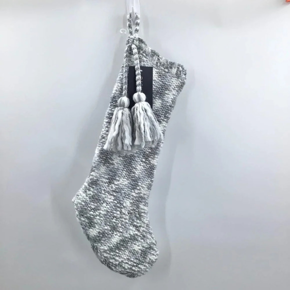 NWT Rachel Zoe Knit Christmas Stocking Large Tassels Blue Cream Grey Yarn Winter - Picture 1 of 10